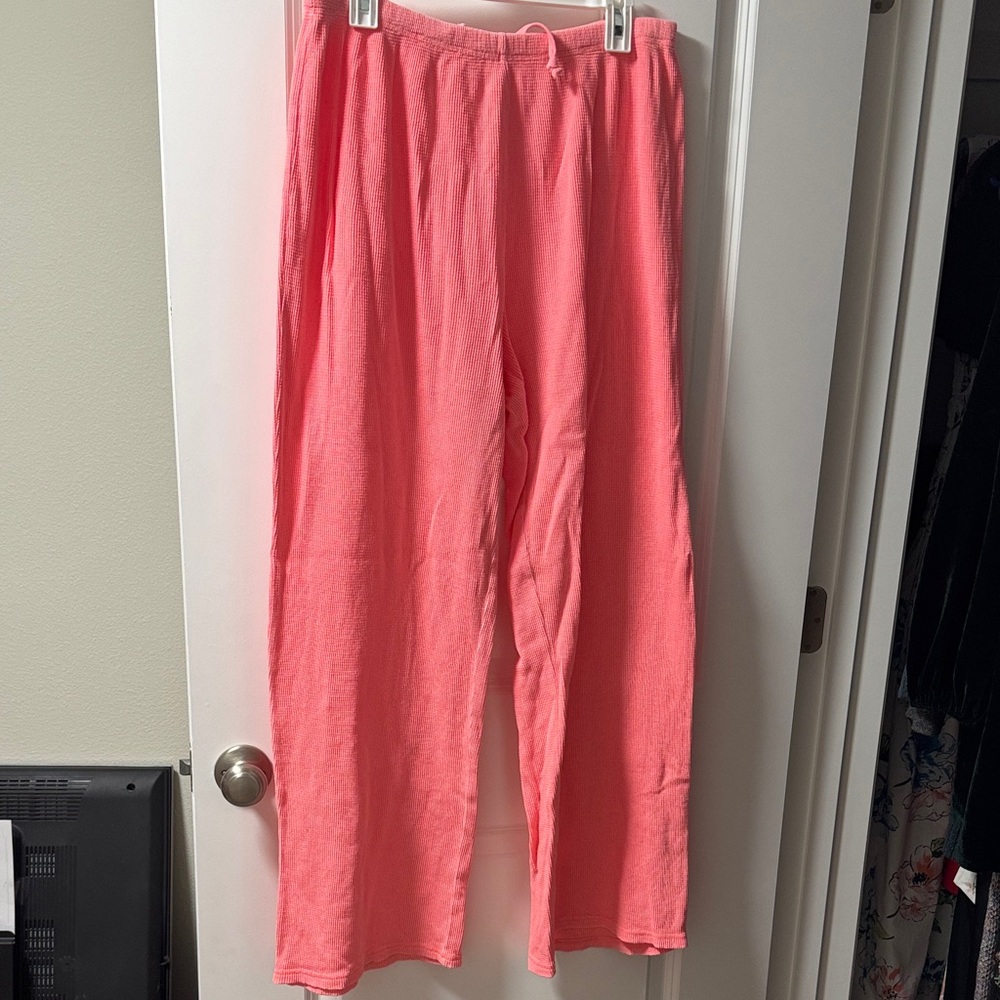 SKIMS Coral Pink Wide-Leg Waffle Knit Lounge Pants L